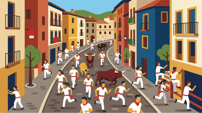 Running of the Bulls Festival Pamplona Spain Flat Vector Illustration