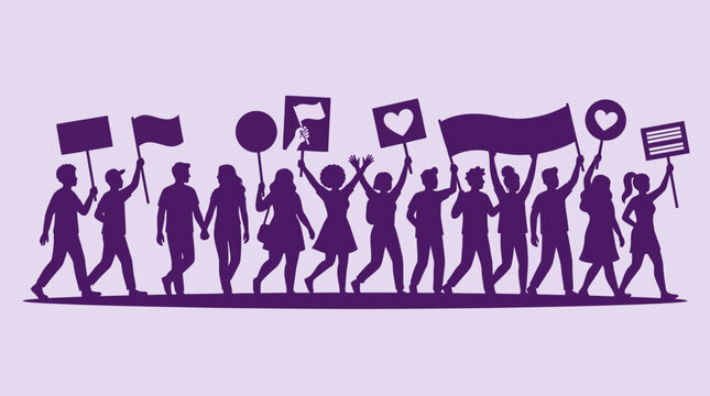 Diverse crowd marching with protest signs and banners, silhouette against purple background.