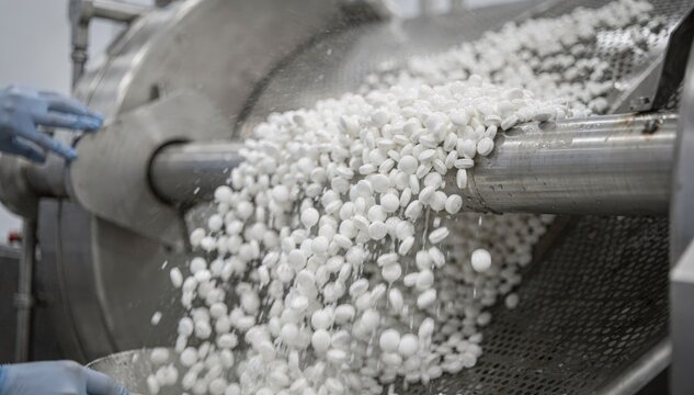 Medium shot showing the delicate process of sugarcoating tablets giving them a glossy finish for taste masking and aesthetic appeal.