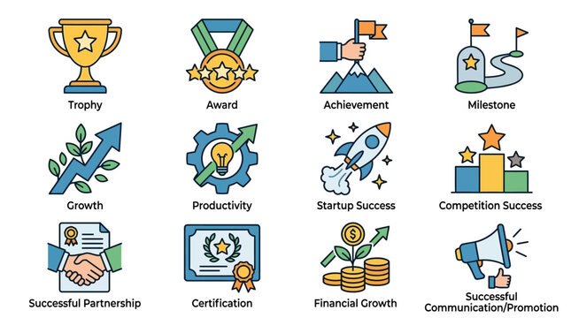 Business Success and Achievement Icon Set Featuring Growth, Productivity, and Financial Growth Illustrations for Corporate Goals