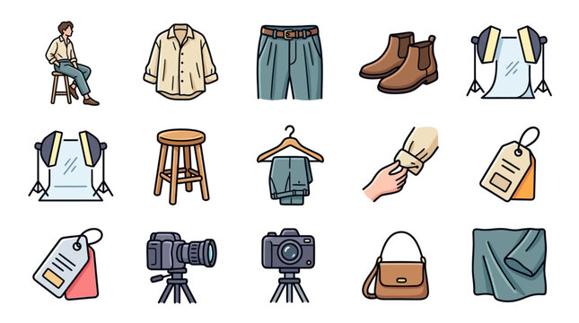 Professional Fashion Design and Tailoring Icon Set with Photography and Garment Construction Elements