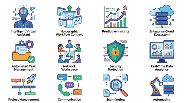 Set of Business and Technology Data Analytics Icons for Cloud Computing, Network Security, and Artificial Intelligence