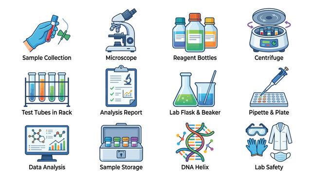 Laboratory Equipment and Scientific Research Icons Set for Medical Analysis and Biotech Design