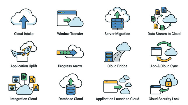 Cloud Computing and Data Automation Icon Set for Technology and Business Services
