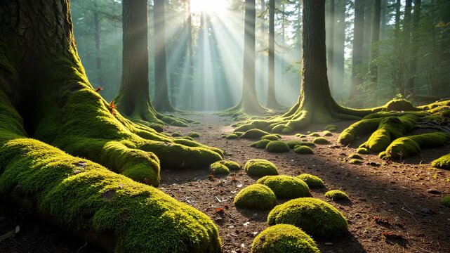 A serene forest trail with sunlight streaming through the canopy and moss-covered rocks and tree stumps on either side, leading towards a clearing.