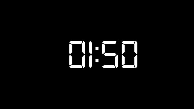 2 Minute countdown animation on black background. 4K countdown animation, 2 minutes displays a timer counting down minutes and seconds.