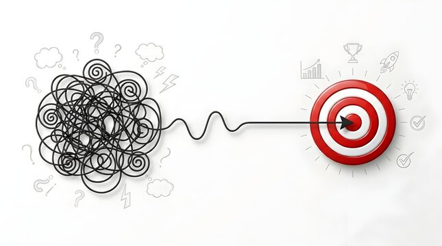Business problem solving strategy showing a tangled line converting into a direct arrow hitting a target