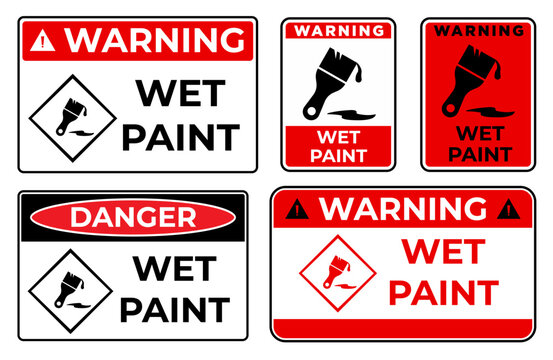 Wet paint warning sign set with surface hazard symbols, maintenance safety notices, and accident prevention signage for construction and building areas