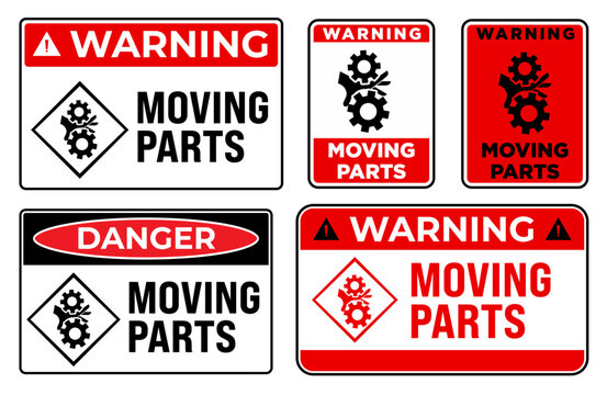 Different shapes of warning sign design with moving parts hazard symbols, machinery safety labels, and equipment protection concepts used for factories, workshops, and industrial safety signage