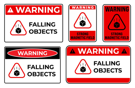 Falling objects warning sign set with overhead hazard symbols, workplace safety labels, and industrial protection signage for construction sites, factories, and material handling areas