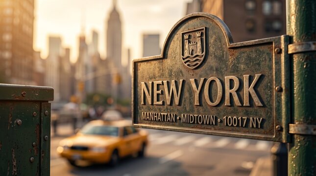 New York City Manhattan Street Sign with Skyline