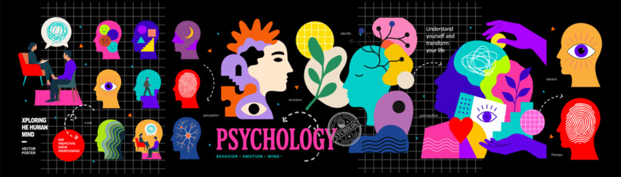Psychology icons. Vector abstract illustration of mental health, emotions, therapy session, behavior, and head and hand silhouettes for a psychologist consultation banner, background, design and card.