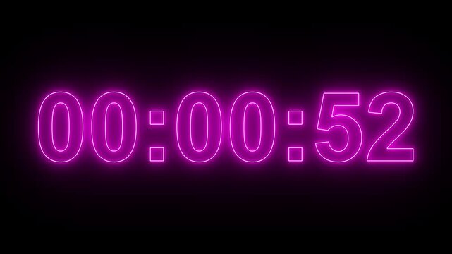 Glowing neon 1 minute countdown animation from 60 seconds to 0 seconds. 1 minute countdown timer on a black background. 4k video Digital Countdown timer one minute animation