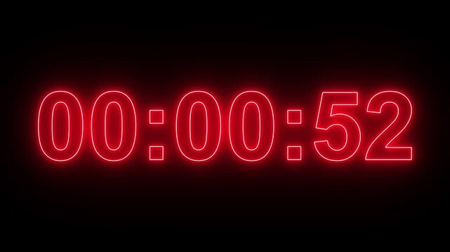 Glowing neon 1 minute countdown animation from 60 seconds to 0 seconds. 1 minute countdown timer on a black background. 4k video Digital Countdown timer one minute animation