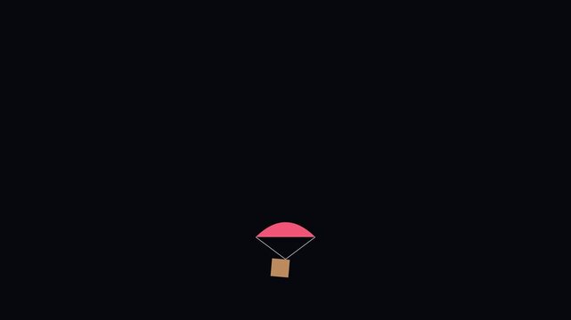 Minimalist 2 d animation of a brown box descending with a pink parachute on a 4k black background, 2d animation