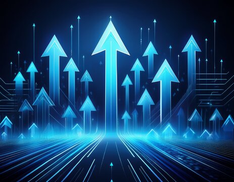 abstract background with glowing blue digital arrows pointing upward