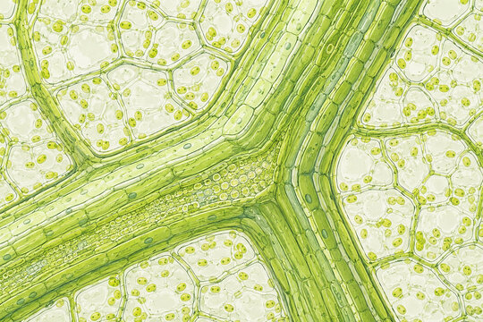 Scientific botanical illustration of a highly magnified leaf vein showing detailed plant cells and vascular tissue. Ideal for biology textbooks, education, research and scientific publications.