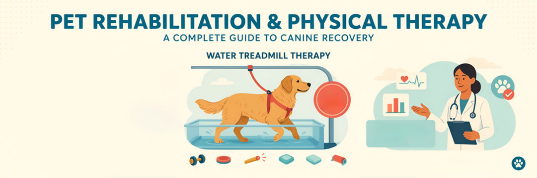 Canine Rehabilitation and Physical Therapy Infographic showing Hydrotherapy Water Treadmill Treatment for Dog Joint Recovery and Muscle Strengthening