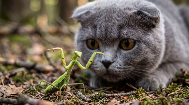 Macro close-up of a green praying mantis in defensive pose facing a curious blurred grey scottish fold cat in summer garden grass