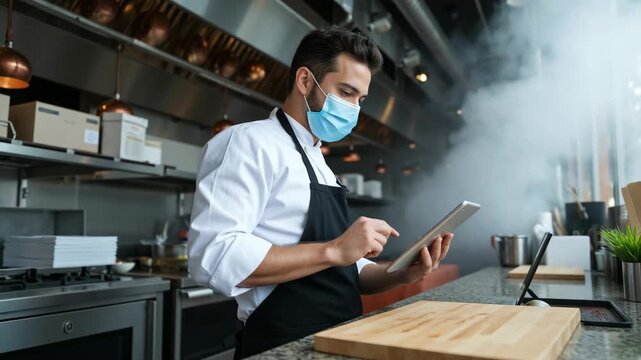 A professional chef wearing an apron and face mask working on a tablet computer with steam rising in the background.