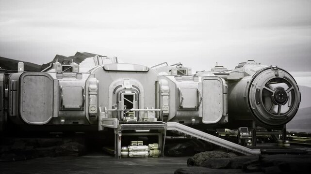 Modular habitat on rocky shore, weathered metal cladding, access ramps and cable conduits, lonely utilitarian mood, remote research infrastructure
