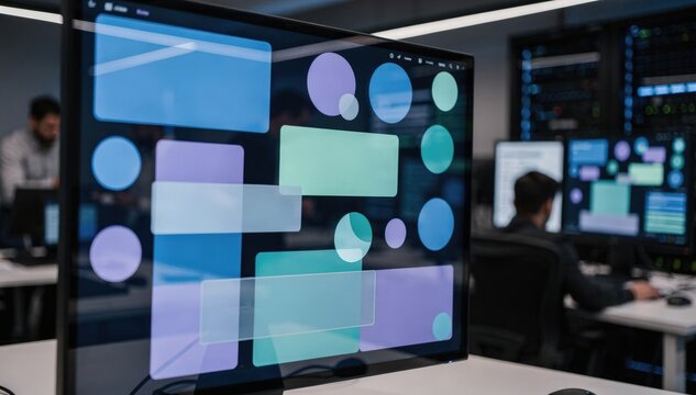 Shot focusing on catalog metadata dashboards showing indie music rights with a blurred workspace conveying an innovative blockchainbased management environment.