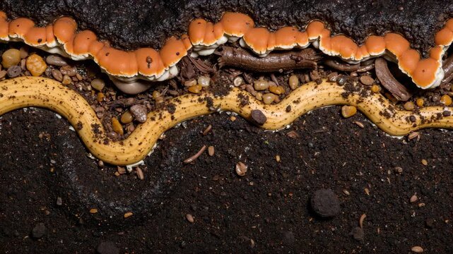 Close-up of colorful sea slugs crawling on soil with small stones.
