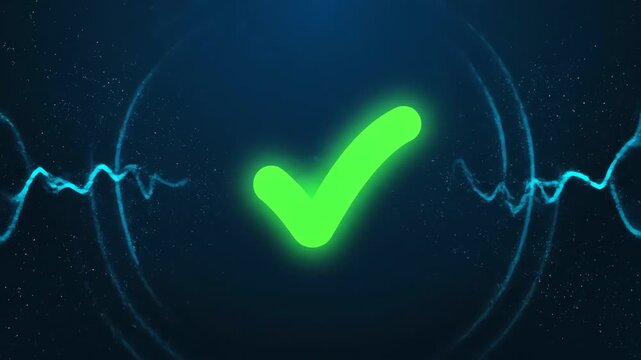 Glowing green checkmark in the center of blue concentric circles on dark background