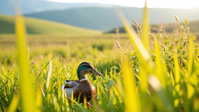 A duck standing amidst tall wildflowers with a mountainous background.