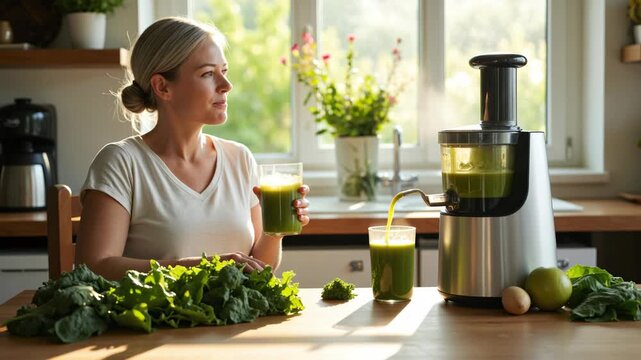 A woman sitting at her kitchen counter holding a green smoothie with fresh ingredients around her, including spinach and an orange. She is smiling while enjoying her healthy drink.
