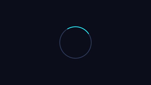 Minimalist loading spinner animation with glowing cyan progress ring on dark 4k background, circle