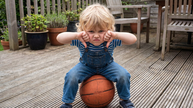 Grumpy toddler giving thumbs down while sitting on basketball outdoors