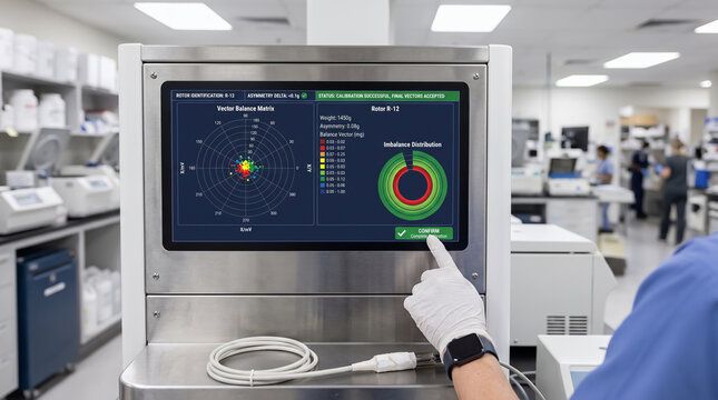 Biomedical engineer in vinyl glove confirms rotor balance calibration on touchscreen of automated medical centrifuge in clinical laboratory. Repair of medical equipment. Diagnostic system. Copy-space.