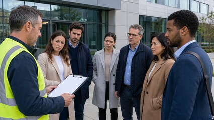 Obraz premium Group of concerned employees listening to safety officer with checklist during emergency building evacuation drill. Professional team meeting at office exterior. Workplace safety protocol