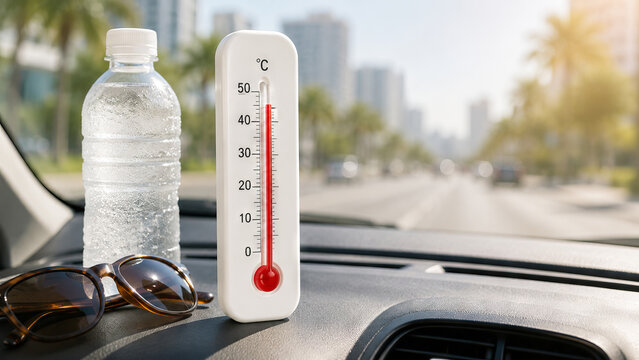 Thermometer showing high temperature with water bottle and sunglasses on car dashboard. Extreme heatwave concept during summer travel. Weather forecast and climate change awareness, copy space