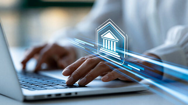 Online banking transfer money concept representing internet bank account deposit finance business and financial technology, digital banking concept, fintech photography, blurred