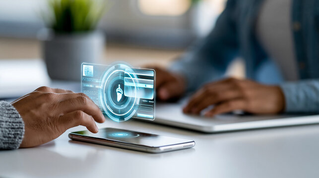 Secure digital payment concept with virtual credit card interface above smartphone and laptop representing digital wallet online transaction and financial technology, fintech