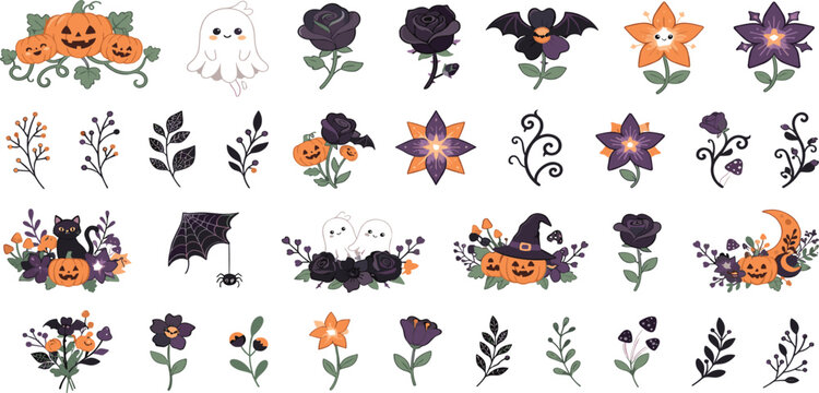 Elegant gothic Halloween botanical vector element set with cute pumpkins ghosts flowers cats and bats