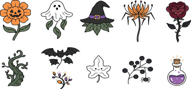 Cute spooky Halloween botanical vector illustration set featuring creepy flowers pumpkins ghosts leaves and potion