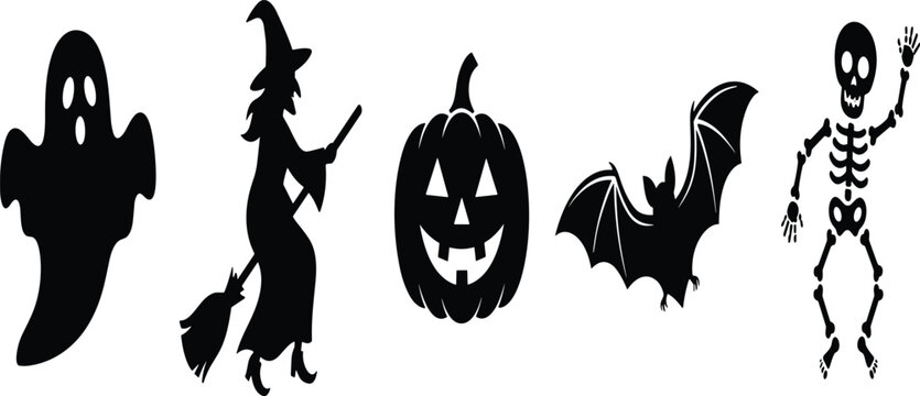 Halloween black silhouette element set with spooky ghost witch pumpkin bat and dancing skeleton vector