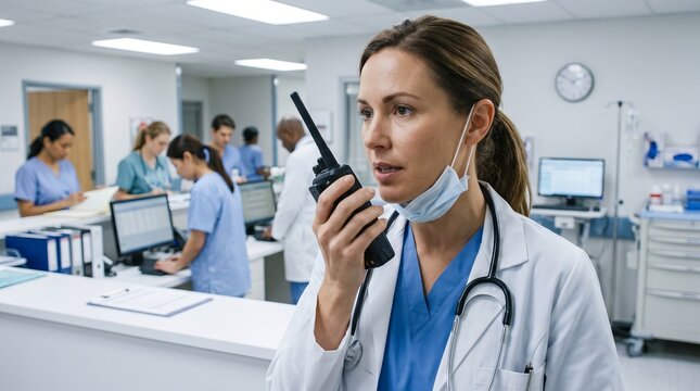 Medical professional planning emergency preparedness in modern medical facility, focusing on quick response strategy. concept of healthcare crisis management, advanced medical operations.