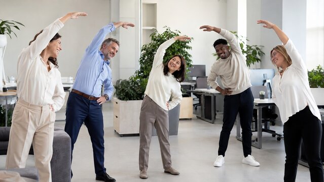 Office colleagues doing workplace stretching exercise for employee wellness during movement break. Diverse team of women and men practicing healthy yoga posture in modern business office