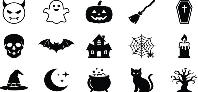 Halloween black silhouette flat vector icon set featuring spooky devils ghosts bats skulls and cats