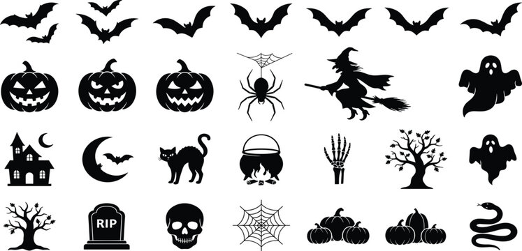 Halloween black silhouette flat vector icon bundle with spooky pumpkins bats witches ghosts and graveyard elements