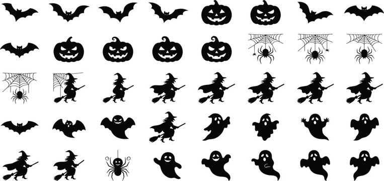 Halloween black silhouette mini icon set with flying bats spooky pumpkins witches spiders and creepy ghosts vector