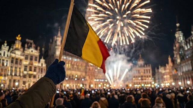 Vibrant New Year Celebration with Fireworks Display and Belgian Flag in City Square
