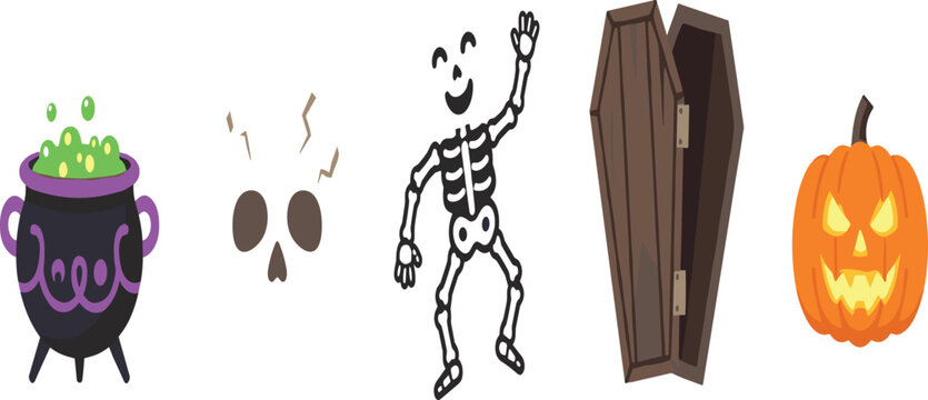 Halloween spooky vector element set with cauldron skeleton skull open coffin and jack o lantern