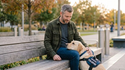 Obraz premium Man with service dog sitting on a park bench. Man petting trained labrador retriever providing therapy and assistance. Mental health support for struggle with ptsd and anxiety relief