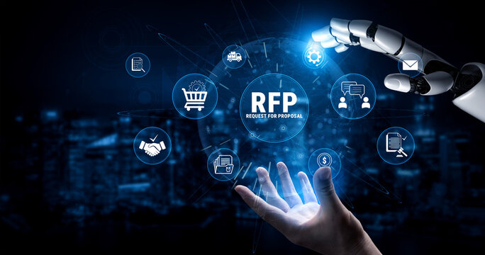 Robotic Hand Reaching Out with Request for Proposal Visuals and Digital Icons Representing Technology and Innovation in Business Environments. Glyphic.