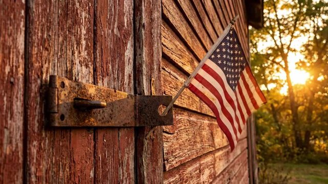 Cinematic 4K Slow Motion of American Flag Waving on Rustic Red Barn Wall during Golden Hour Sunset